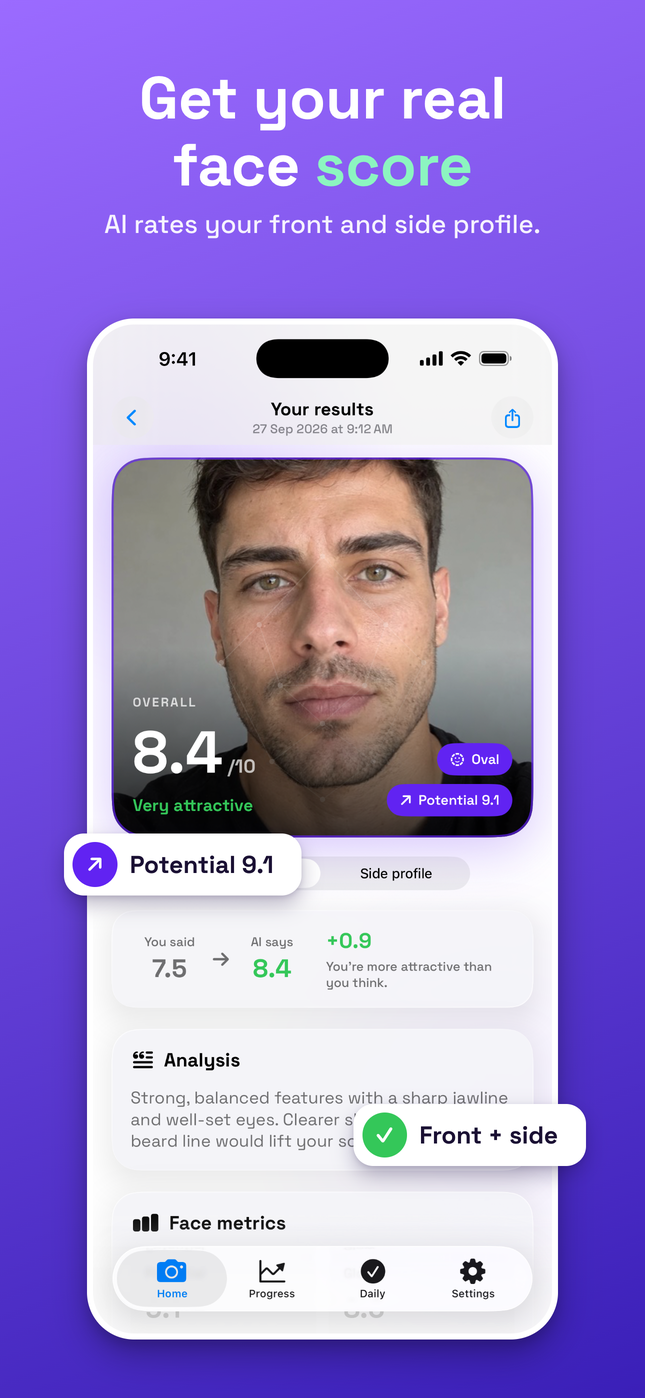 RateMyFace AI result screen showing an 8.4 out of 10 face score, very attractive label and potential score of 9.1