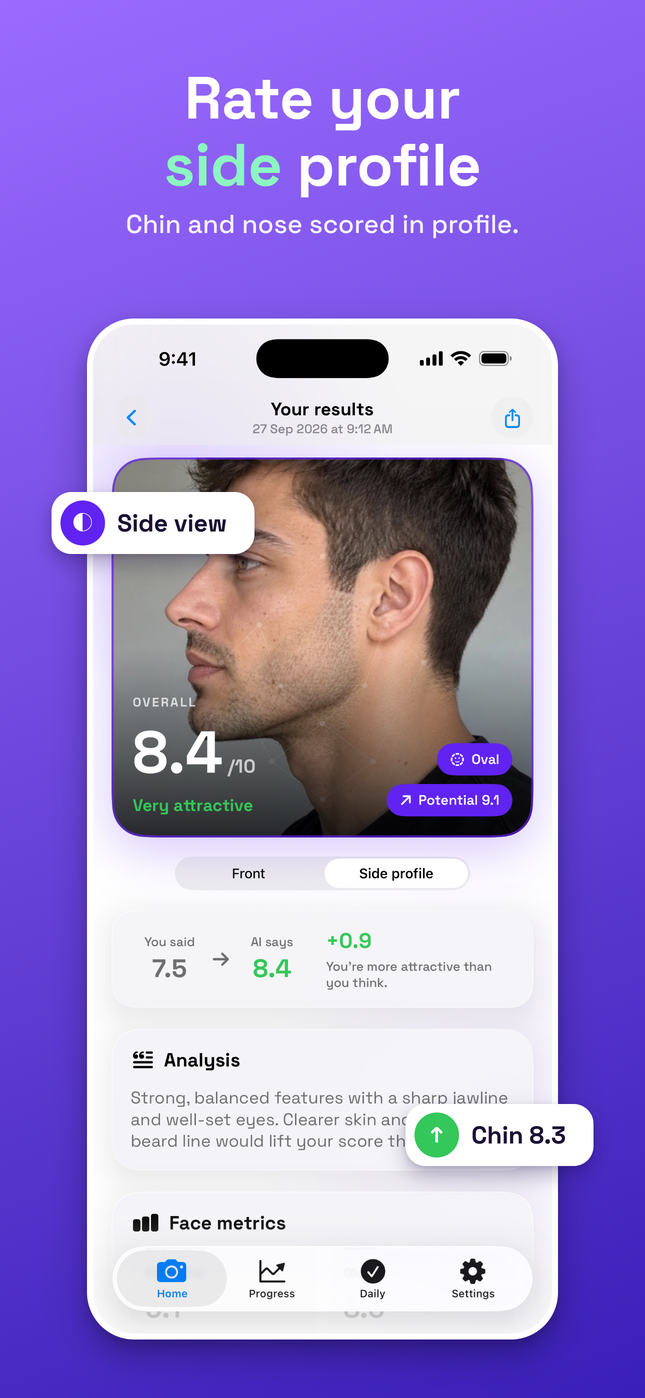 Side profile rating view with the profile photo and overall score