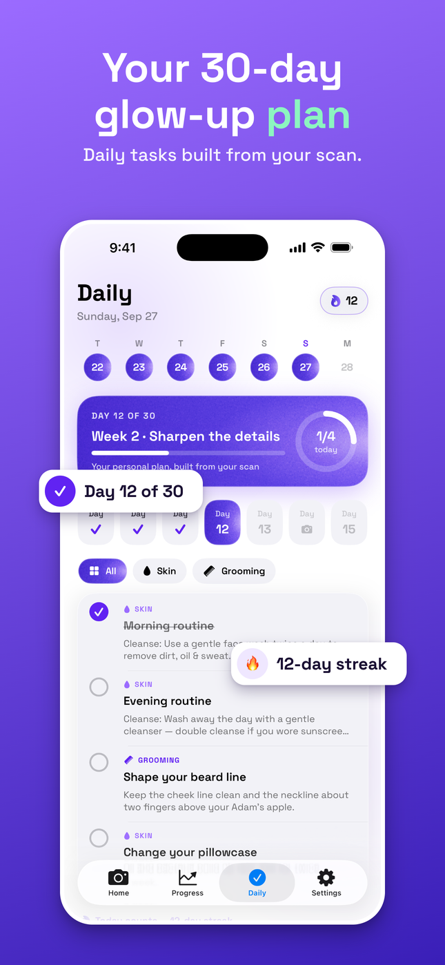 30-day glow-up plan on day 12 with daily skin and grooming tasks
