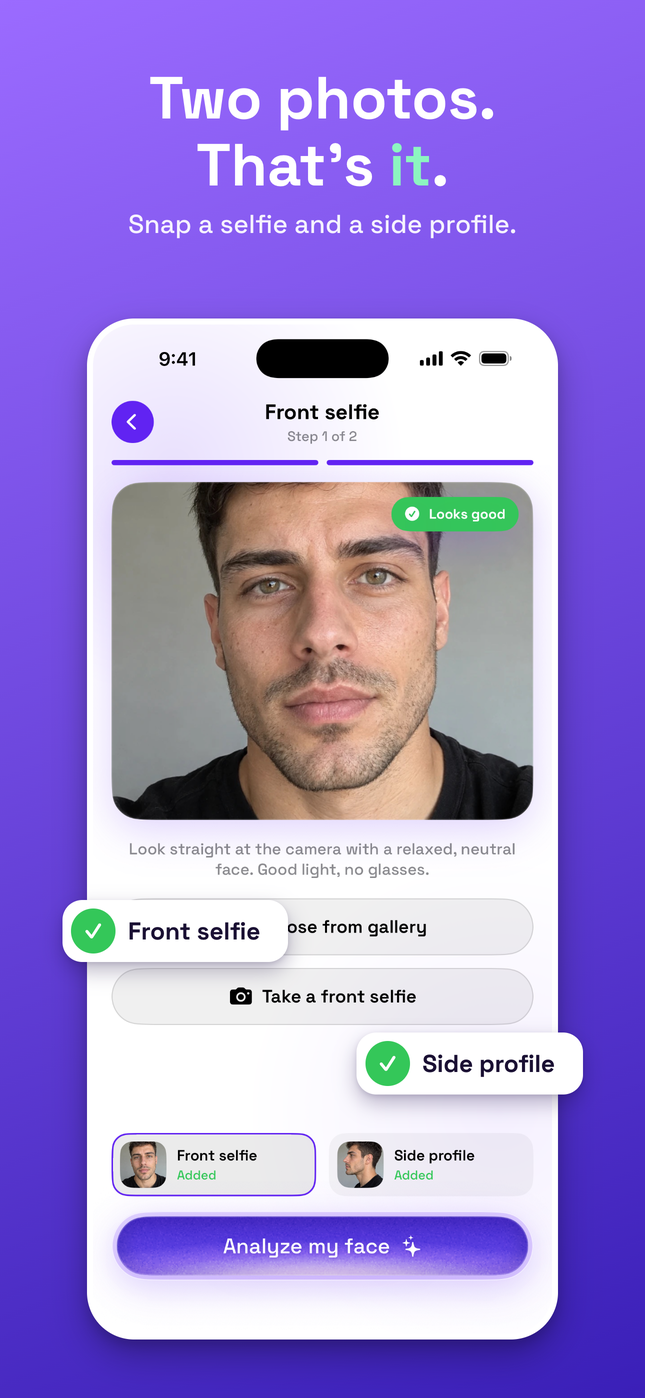 Two-photo face scan with a front selfie and a side profile